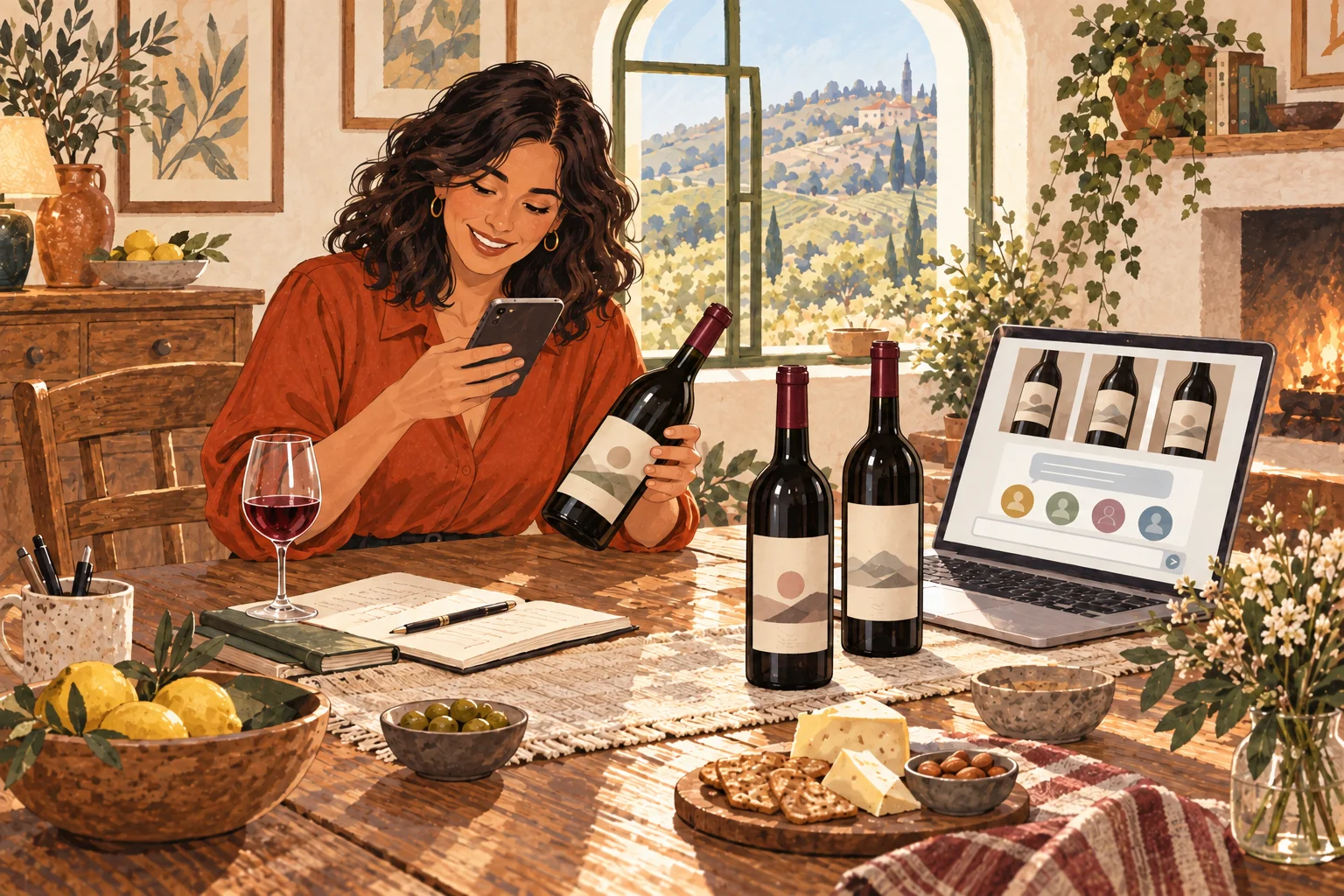 Tonia photographs the red-wine labels beside her assistant chat