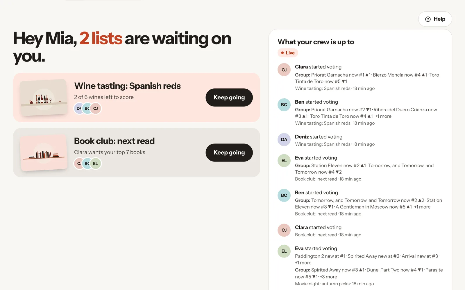 Home with two lists waiting and the activity feed "What your crew is up to"