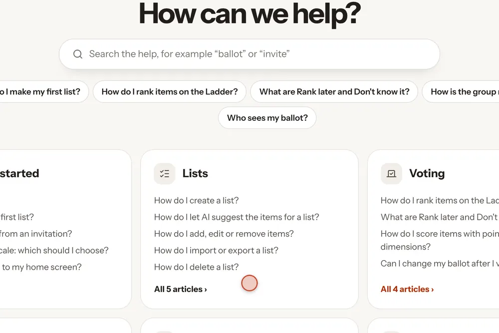 Animation: typing "who sees my ballot" into the help search shows the matching article as you type