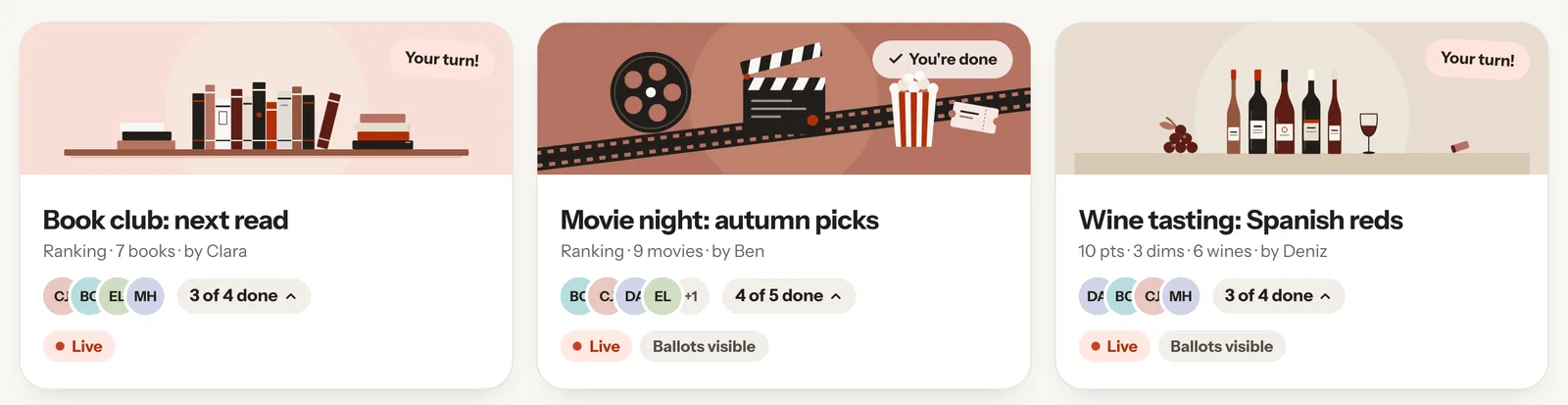 Three list cards with the drawings for books, movies and wines
