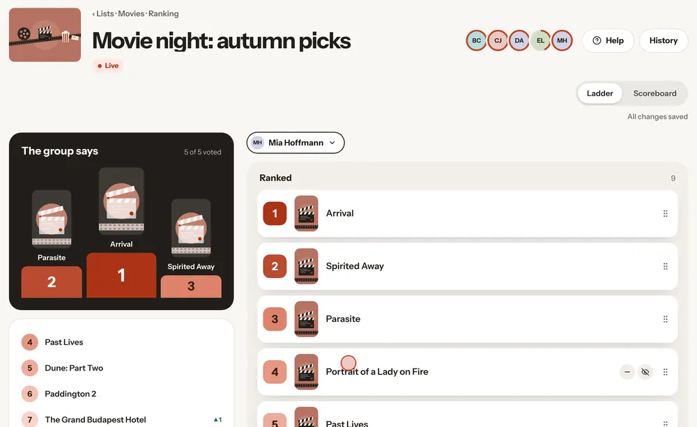 Animation: History opens a row of revisions, and stepping back shows the group result as it was then